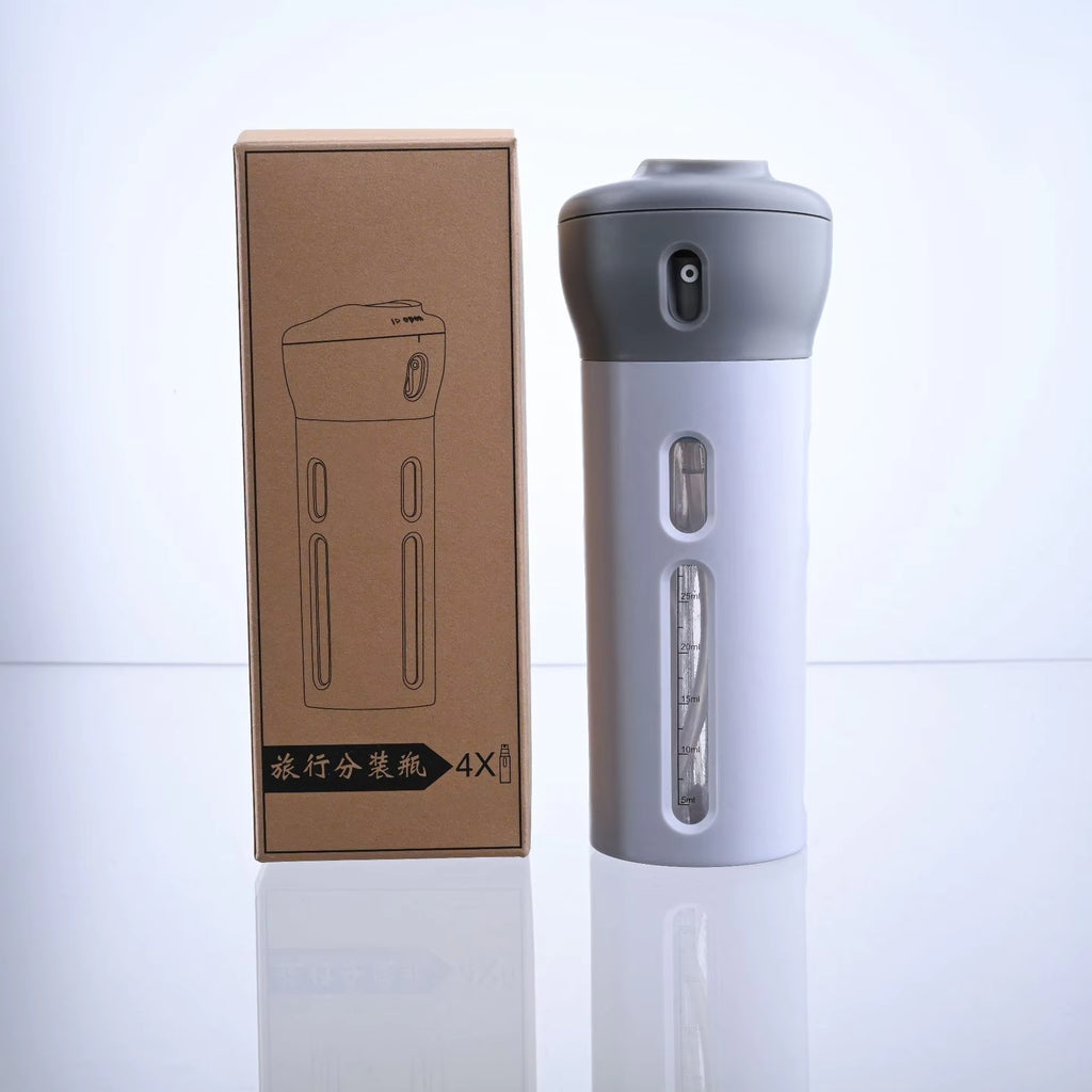 4-in-1 Reise-Flasche | Nachfüllbarer Spender für Shampoo, Lotion, Parfum & Kosmetik – Auslaufsicher & Kompakt